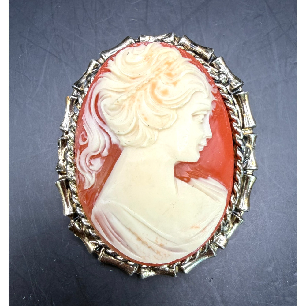 Vintage Cameo Brooch Red White Lady Profile Gold Tone Detailed Victorian Style